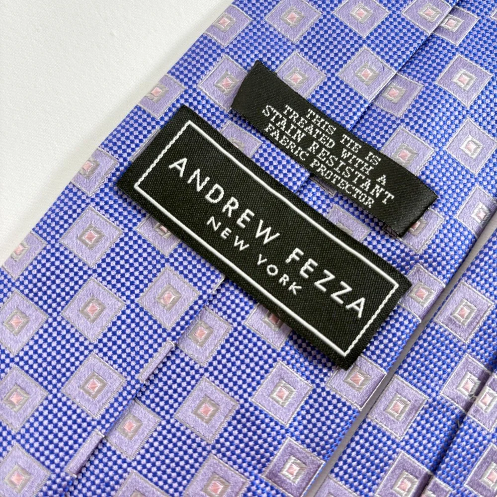 Andrew Fezza Tie Blue Purple Geometric Silk Stain Resistant Handmade 1877